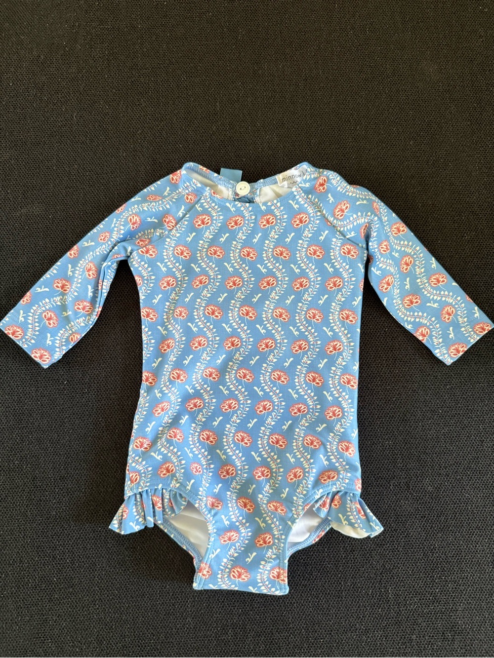 Minnow Girls' Blue Floral Long-Sleeve Swim One-Piece with Ruffle Hem 0-6m NEW